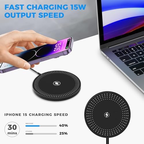 Revolutionary 15 W Magnetic Wireless Charger Pad with Intelligent Temperature Control – Fast, Safe Charging for i Phone 16/15/14/13/12 Series and Air Pods Pro – Optimal Battery Life Extension and Strong Magnetic Alignment – Ideal for Seamless Usage While Charging – Includes USB-A to USB-C Adapter – Black