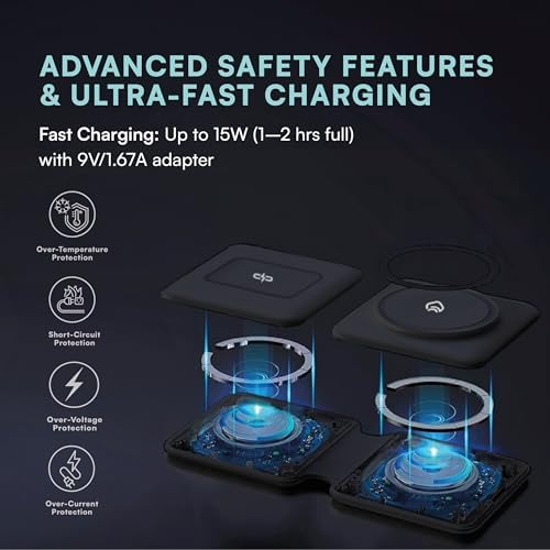 Magnetic Wireless Charging Pad – 2-in-1 Portable Charger for Mag Safe, Perfect Travel Solution for i Phone 16, 15, 14, 13 Pro Max & Air Pods – Compact Foldable Design with Enhanced Speed & Compatibility for On-the-Go Power Needs