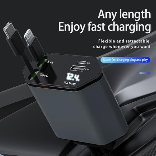 Ultimate Retractable Car Charger with Dual Built-in USB-C & Lightning Cables – PD/QC3.0 Fast Charging for i Phone 16/15, Samsung Galaxy & All 12-24 V Vehicles – Sleek Design, Maximum Portability & Enhanced Device Compatibility for Tech-Savvy Users
