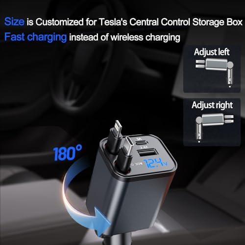 Tesla Model Y, 3, X, S Retractable 4-in-1 Fast Phone Charger – 69 W Adapter with 2.6 ft Cable, 180° Adjustable Design, Real-Time Voltage Display, Enhanced Compatibility for 2025-2017 Models – Ideal Tesla Accessories for Effortless Charging on the Go