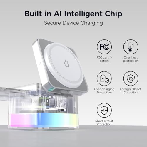 15 W Magnetic Wireless Charging Station – 3-in-1 Fast Charger with Night Lamp for i Phone 16/15/14/13/12, Apple Watch, and Air Pods – Sleek Design for Enhanced Compatibility and Efficient Power-Up