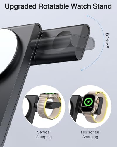 Revolutionary 3-in-1 Foldable Magnetic Wireless Charging Station with PD 20 W USB-C Adapter – Ultimate Compatibility for i Phone 16/15/14/13/12 Series, Apple Watch, and Air Pods in Sleek Black Finish, Perfect for Home and Travel Efficiency