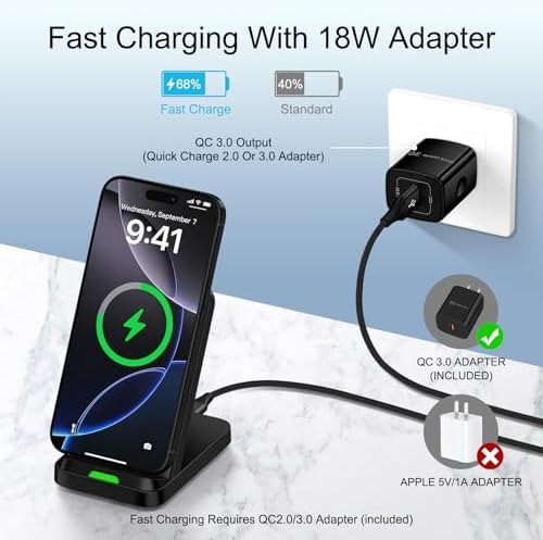 15 W Fast Wireless Charger Stand for Samsung Galaxy S25/S24/S23, i Phone 16/15, Google Pixel 9 Pro – Ultimate Desk Charging Station with Dual Viewing Angles, Quick Charge 3.0 Adapter, and Enhanced Safety Features for All Compatible Devices