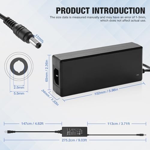 High-Efficiency 12 V 8 A AC to DC Power Adapter – 96 W Switching Supply for LED Strip Lights – 6.7 ft Power Cord – Universal Compatibility with 5.5 mm x 2.5 mm & 2.1 mm Connectors – Robust, Long-Lasting Power Solution for Home and Professional Use – Enhanced Performance & Economical Design
