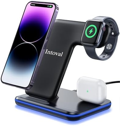 Intoval 3-in-1 Wireless Charging Station for Apple Devices – Fast Charging Hub Compatible with i Phone 15/14/13, Apple Watch Series 9/8/Ultra/7/6/SE, and Air Pods Pro – Sleek Z5 White Design for Efficient Desk Organization and Enhanced Compatibility