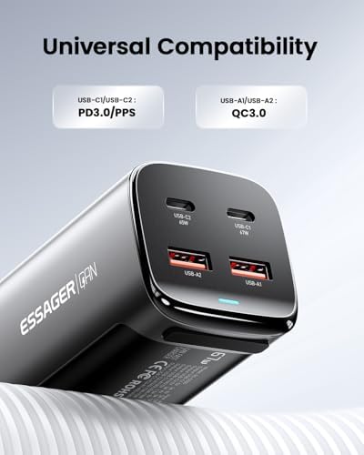 Essager 67 W Ga N USB C Charging Station – Ultra-Compact 4-Port Fast Charger for Laptops, Tablets, and Smartphones – Travel-Friendly Power Hub with Advanced Safety Features for High-Efficiency On-the-Go Charging