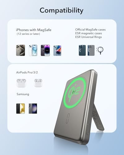 ESR Mag Safe 5,000 m Ah Portable Power Bank with Kickstand – Ultra-Slim 0.6 in Design, 15 W Qi2 Certified Fast Charger for i Phone 16/15/14/13/12 – Includes 20 W USB-C Charging Cable for Effortless Power On-the-Go