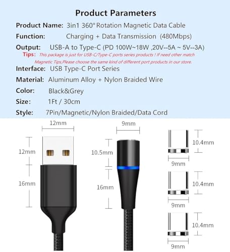 Magnetic 3-in-1 Charging Cable Set – 5 Pack of 1 Ft Durable Nylon Braided Fast Charge Cables for USB Type-C, Micro USB & i OS Devices – 360° Magnetic Connection for Hassle-Free Power on the Go