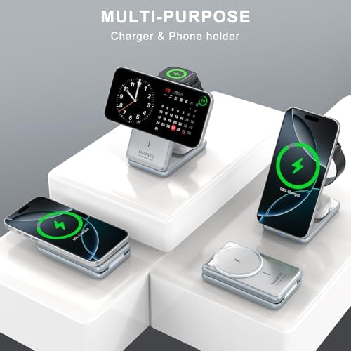 Ultimate 3-in-1 Magnetic Wireless Charging Station: Fast Travel Charger for i Phone 16, 15, 14 – Apple Watch Ultra/SE/9/8 – Air Pods Pro 4/3 – Compact Foldable Design with 18 W Adapter for Efficient Multi-Device Charging (White) – Enhanced Durability & Quick Charge Technology