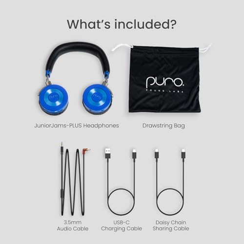 Safe & Stylish Bluetooth Headphones for Kids – Puro Sound Labs Junior Jam Plus with Volume Limiting Technology, 22-Hour Battery Life, and Comfortable On-Ear Fit, Perfect for Tablets and Smartphones in Trendy Blue Finish