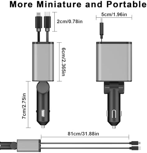 Ultra-Compact 4-in-1 Retractable Car Charger – Dual Type-C and USB Ports, Super Fast Charging for Samsung Galaxy Note Series and More – Multi-Device Convenience for Road Trips and Daily Commutes
