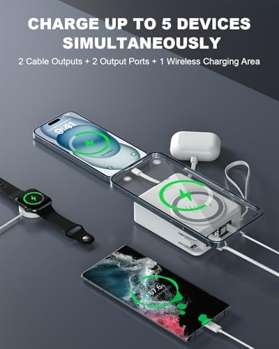 10000 m Ah Mag Safe-Compatible Portable Charger Power Bank – 22.5 W Fast Charging Travel Essential with Built-in USB-C & Lightning Cables – 5-in-1 Wireless Charging Solution for i Phone, Android, and Samsung Devices