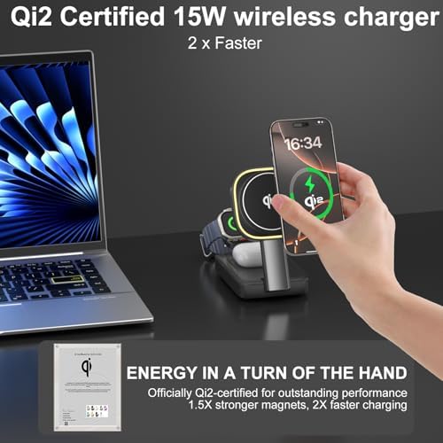 Revolutionize Your Charging Routine with the 3-in-1 Magnetic Wireless Charger Station for Apple Devices – Foldable Design, Integrated Night Lamp, and Mag Safe Compatibility for i Phone 16/16 Pro/16 Pro Max/15/14/13/12, Air Pods, and Apple Watch (Sleek Black Finish) – Ultimate Convenience and Enhanced Speed for Modern Users