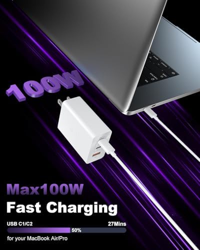 Ultimate 100 W USB C Charger Block with 3 Ports – Ga N Super Fast Charging Adapter Plus 10 ft Type C Cable for Mac Book Pro, i Pad Pro, i Phone 15/16, Galaxy S Series – Dual Pack for Enhanced Power and Efficiency