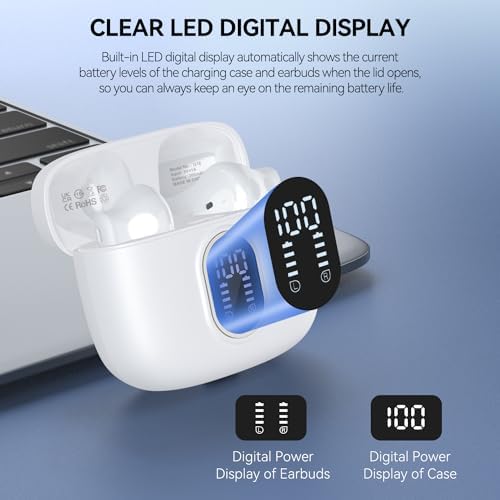 Premium Bluetooth 5.3 Wireless Earbuds with 42-Hour Extended Playtime & LED Battery Indicator – Immerse Yourself in Rich Bass Stereo Sound with Superior IPX7 Waterproof Design and Adaptive Noise Cancellation for Crystal-Clear Audio – Ideal for i Phone and Android Enthusiasts
