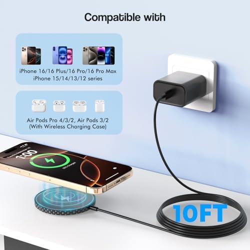 Ultra-Fast 15 W Magnetic Wireless i Phone Charger – 10 FT Magsafe Charging Pad Duo with USB-C Power Block for i Phone 16/15/14/13/12 Series & Air Pods – Compact, Safe, and Efficient Charging Solution for On-the-Go Users