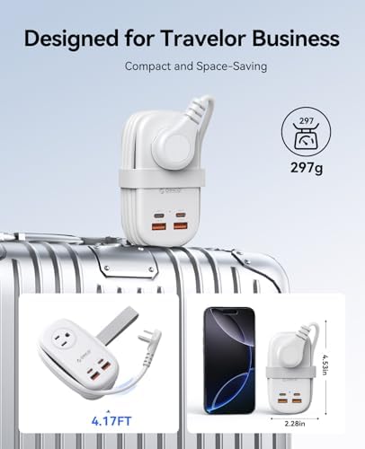 ORICO 65 W Ga N Travel Power Strip: 7-in-1 Charging Solution with 3 AC Outlets, 2 USB-A, 2 USB-C Ports, Flat Plug Design & 4 FT Extension Cord – Ultimate Fast Charger for Mac Book Pro/Air, i Pad Pro, i Phone 15/14/13 – Lightweight & Portable for Effortless Travel