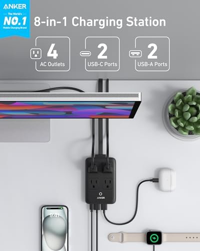 Anker 20 W Max 8-in-1 USB-C Power Strip: The Ultimate Fast Charging Station for i Phone 15/14 & Mac Book Air/Pro, Featuring 4 AC Outlets, 2 USB-A & 2 USB-C Ports, Ideal Travel & Office Desktop Charger with 5 ft Slim Cord for Enhanced Mobility and Compatibility