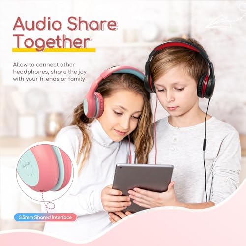 Kid-Friendly Foldable Wired Headphones with Microphone – Volume Limiting Safety (85/94 d B) for Hearing Protection, Share Port for Collaborative Audio, Ideal for Tablets, PCs, and School Use – Enhanced Type C Compatibility for Optimal Sound Quality and Comfort