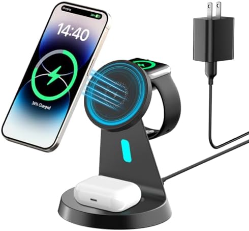 Revolutionize Your Charging Routine with the 3-in-1 Mag Safe-Compatible Charging Station – Fast Wireless Charger for i Phone 12-16 Series, Air Pods, and Apple Watch – Sleek, Compact Design with Enhanced Safety Features for Home and Office Use