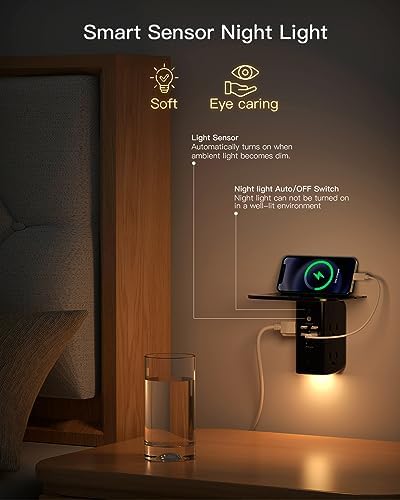 Revolutionary Wall Outlet Extender with Integrated Shelf & Adjustable Night Light – 5 USB Ports Including Rapid USB-C Charging, Surge Protection, and Compact Design for Enhanced Organization and Efficiency