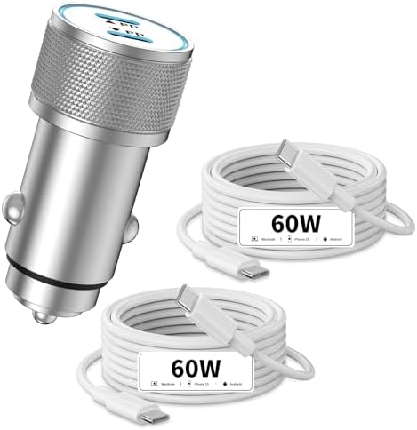 Power Up on the Go: 72 W Dual USB-C Car Charger for i Phone 15/16 Pro Max, Galaxy S24/S25 & Mac Book – Fast Charging, All-Metal Durable Design with 2 USB-C Cables Included for Ultimate Compatibility and Efficiency