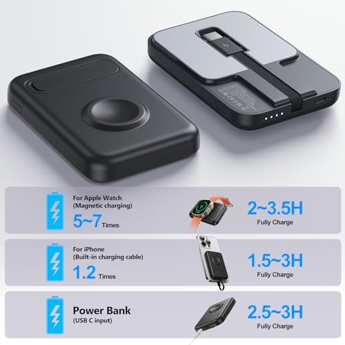 Ultimate Portable Power Bank for Apple Watch & i Phone – 5200 m Ah Magnetic Wireless Charger with Built-in Cable, Slim Travel Battery Pack for Apple Watch Series 9/Ultra2/8/7/6/SE/5 & i Phone Models 14/13/12/11/XR/8/7/6 s – Fast Charging for Active Lifestyles