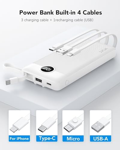 VRURC 10000 m Ah Portable Power Bank with Integrated Cables and LED Battery Indicator – Slim, Lightweight Travel Charger with Dual Input and Five Outputs for Effortless Device Charging – Ideal for Smartphones and Tech Gadgets – Stylish Blue Design (1 Pack) – Ultimate Convenience and Compatibility