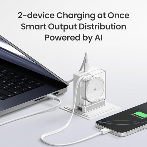 Portable 65 W Ga N Wall Charger with Retractable USB-C Cable | Fast Charging Solution for Mac Book Pro/Air, i Phone 16, Pixelbook & i Pad Pro | Dual-Device Power Delivery | Sleek & Compact Design for On-the-Go Charging