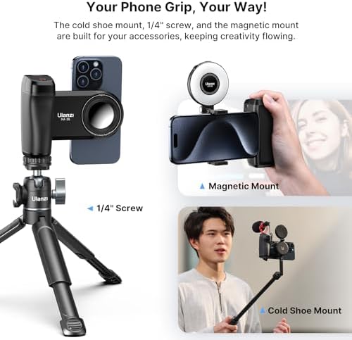 Transform Your Smartphone Into a Professional Camera with the ULANZI CG-02 Grip Holder: Ultimate Stability, Remote Shutter Functionality, and Integrated Fill Light for i Phone 16, 15, 14 Pro Max – Essential Handheld Tripod Mount for Flawless Photography and Video Creation