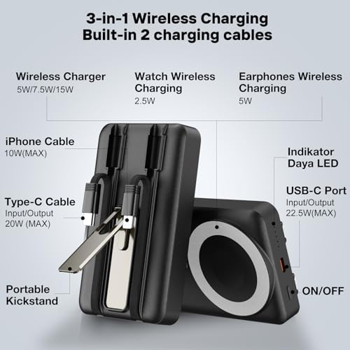 Ultimate 3-in-1 Magnetic Wireless Power Bank: 10,000 m Ah Fast Charging Battery Pack with Built-in USB-C & i OS Cable, Compact Design with Stand – Perfectly Compatible with i Phone 16/15/14/13/12/Pro/Mini/Pro Max for Effortless On-the-Go Charging