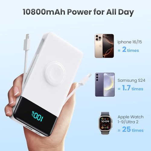 Ultra-Compact 6-in-1 10800 m Ah Power Bank with Built-In Cables & AC Plug – Fast Charging for i Phone, Android, and Apple Watch – LCD Display for Easy Power Monitoring – Lightweight, Travel-Friendly Battery Pack for Multi-Device Charging – Perfect for i Phone 16/15/14 Series, Samsung Galaxy, and More – Enjoy Unmatched Versatility and Convenience on the Go
