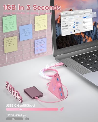 Elevate Your Connectivity with the Stylish Pink USB C Hub – 4 USB 3.0 Ports and 2 FT Extension Cables for Seamless Integration with i Pad Pro, Mac Book Pro, Surface & More – Ultimate Performance Meets Chic Design!