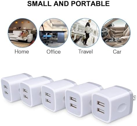 Dual-Port USB Wall Charger Set – Fast 2.1 Amp Power Adapter 5-Pack for i Phone and Android Devices – Compact Charging Blocks with Enhanced Safety Features – Perfect for Home and Travel Convenience