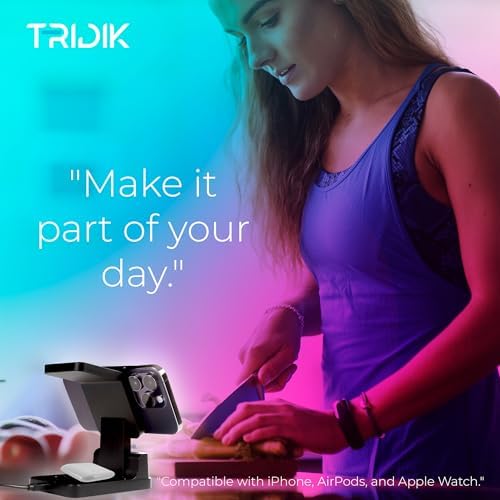 TRIDIK 4-in-1 Wireless Charging Station with Digital Clock & Alarm – 15 W Fast Charger for i Phone, Apple Watch & Air Pods – Includes 20 W Adapter – Ultimate Dock for Enhanced Compatibility & Sleek Design