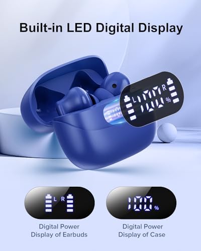 Sleek Rose Gold Wireless Earbuds with Bluetooth 5.3 | 42-Hour Long Battery Life & IPX7 Waterproof Design | Premium Noise Cancelling Earphones for Exceptional Audio | Intelligent LED Display for Seamless Connectivity on i OS & Android