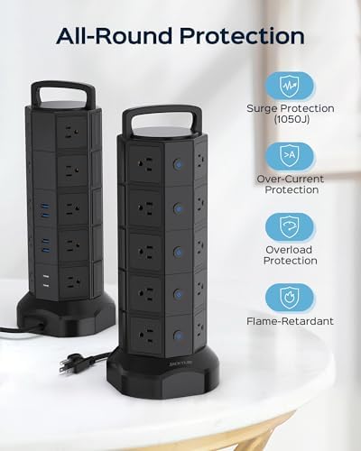 JACKYLED 20-Outlet Power Strip Tower Surge Protector with 6 Fast USB Ports – 1050 Joules Safety Shield, 13 A Desktop Charging Station with 6.5 ft Heavy-Duty Cord, Elegant Black Walnut Design for Home, Office & Garage Use – Ultimate Device Power Solution
