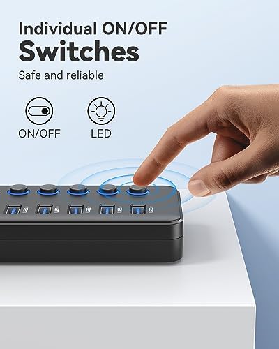 Maximize Your Connectivity with the Wenter 5-Port USB 3.0 Hub – Fast Data Transfer and Type-C Charging Hub for Mac & PC, Featuring Individual LED Switches for Power Management and Enhanced Performance