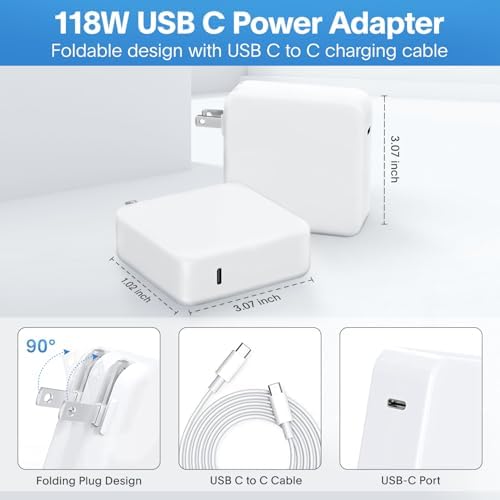 High-Efficiency 118 W USB-C Fast Charger for Mac Book Pro & Air – Rapid Charging for M1, M2, M3, M4, i Pad Pro, and Universal USB-C Devices – Includes Smart Charge Cable with Advanced Protection Features