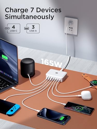 Aione 165 W Ga N Charging Hub – 7-Port Multi-Device Fast Charging Station with 5 ft Cord for i Phone 16/15/14/13/12, Samsung Galaxy S24/S23/S22 & Mac Book – Ultimate Desk Organizer and Power Solution for Tech Enthusiasts