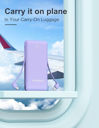 miisso 10000 m Ah Ultra-Slim Portable Power Bank with Integrated Charging Cables – Multi-Device USB-C Travel Charger for i Phone & Samsung – Compact, Lightweight Battery Pack Designed for Maximum Portability and Efficiency