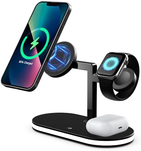 Experience the Future of Charging with the UD 3-in-1 Mag-Safe Fast Charging Station for Apple Devices – Ultimate Power Hub for i Phone 15/14/13/12, Apple Watch Series 1-9/Ultra, and Air Pods Pro – Sleek Design, Rapid Charging, and Enhanced Device Compatibility for a Clutter-Free Experience.