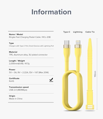 Vibrant 6.6 FT Ringke USB C to Lightning Charging Cable – Fast Charge Your i Phone, i Pad & Air Pods with Stylish Purple Pastel Design, Tangle-Free Connectivity for Effortless Use in Car Play & Beyond, Durable & Efficient Performance