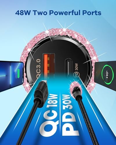 Stylish Pink Bling USB C Car Charger – 48 W Power Delivery & Quick Charge Dual-Port Adapter with 3.2 FT Type-C Cable for i Phone 16, 15 Pro Max, i Pad, Samsung Galaxy & Android Devices – Ultimate Fast Charging Solution for On-the-Go Convenience and Enhanced Compatibility
