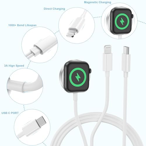 Upgrade Your Charging Routine with the 2-in-1 USB C Fast Charging Cable for Apple Watch and i Phone – MFi Certified 6 FT Magnetic Charger with 15 W Wall Adapter for Seamless Compatibility Across All Apple Watch Models and i Phone 14 – Durable, Efficient, and Tangle-Free Solution for Modern Lifestyles