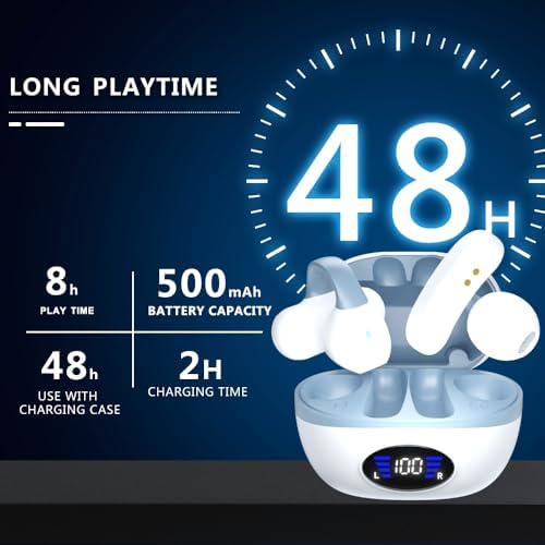 IHAO Bluetooth 5.3 Clip-On Sport Earbud Headphones – 80-Hour Playtime, Noise-Cancelling Hi-Fi Sound, IPX4 Waterproof, Secure Fit for Active Lifestyles, Perfect for Workouts and Leisure, Enhanced Connection Speed, Painless Wear – Black