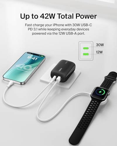 Belkin 42 W Dual Port Charger Block – Ultra-Fast USB-C & USB-A Power Adapter for i Phone 16/15/14/13 Pro, Samsung Galaxy S25, i Pads, Air Pods, and Nintendo Switch 2 – Compact Travel-Friendly Design for Maximum Charging Efficiency