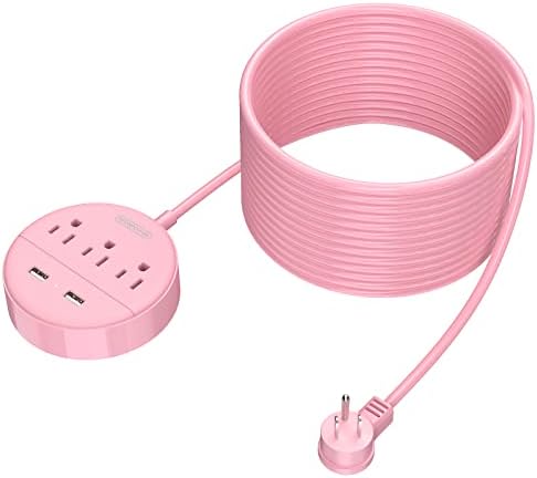 Stylish 25 ft Rose Pink Extension Cord by NTONPOWER – Flat Plug Power Strip with 3 AC Outlets & 2 USB Ports, Versatile Wall Mount Charging Station for Home, Dorm, or Office – ETL Certified for Enhanced Safety and Performance