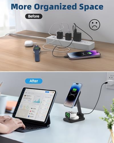 Versatile 3-in-1 Magnetic Phone Charger Stand – Foldable Mag Safe Wireless Charging Station for i Phone 16, i Phone 15, Samsung, Google, Apple Watch, and Air Pods – Enhanced Speed and Compatibility for Modern Lifestyles