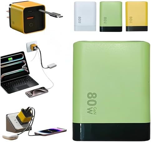 High-Efficiency 3-in-1 Ga N Charger – 80 W High-Speed Power Hub with Retractable USB-C Cable & Dual USB Ports for Ultimate Multi-Device Charging – Ideal Companion for Laptops, Smartphones, and Wireless Earbuds on the Move